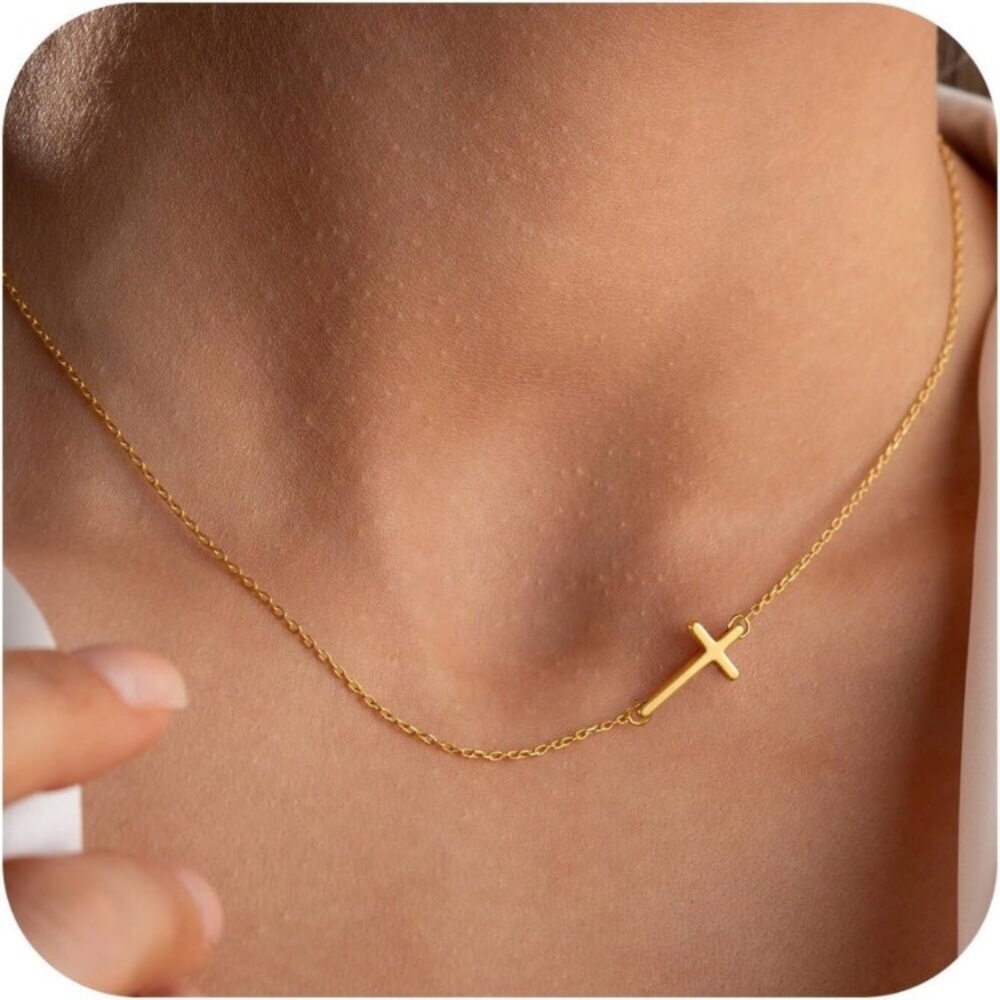 New  Gold - Sideway Cross Necklace for Women 14K Gold Plated Cross Necklace